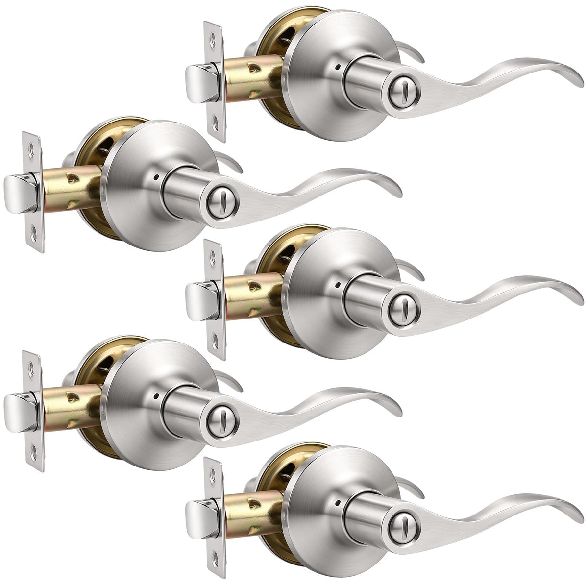 5 Pack Satin Nickel Privacy Door Lever, Modern Interior Door Knobs Locks, Heavy Duty Door Handle, Reversible Wave
