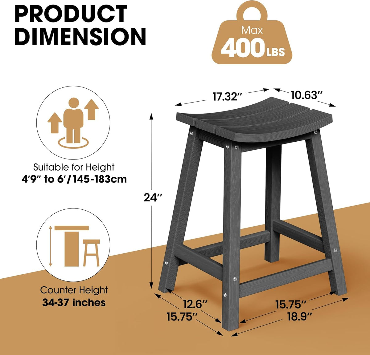 2 Set 24" Outdoor Bar Stools Heavy Duty HDPE Counter Height Bar Stools Weatherproof Patio Seats Modern Waterproof