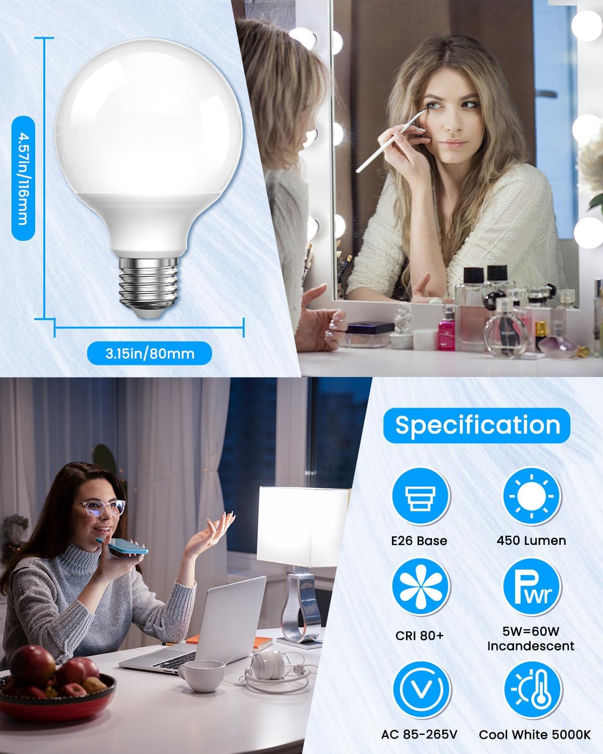 5W E26 LED Vanity Light Bulbs for Mirror Bedroom Kitchen Office, G25 E26 LED Edison Globe Light Bulbs Ultra