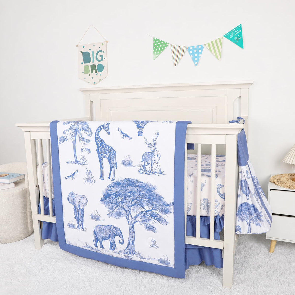 4-Piece Crib Bedding Set for Baby Boys, Blue Elephant Nursery Bedding Set Includes Comforter, Fitted Crib Sheet, Crib