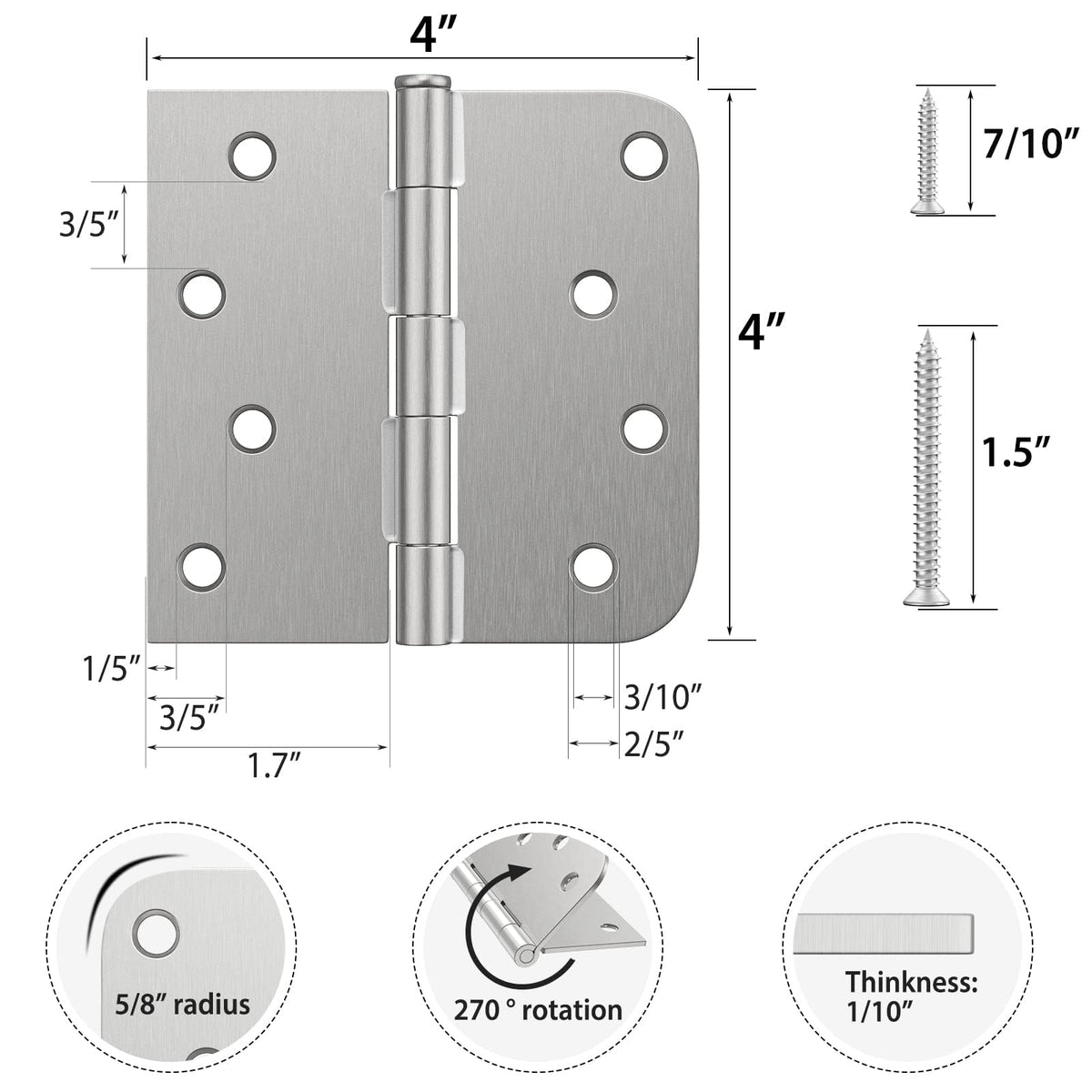 18 Pack Brushed Nickel Exterior Door Hinges 4 Inch with Square & 5/8" Radius Removable Pin Perfect for Heavy-Duty