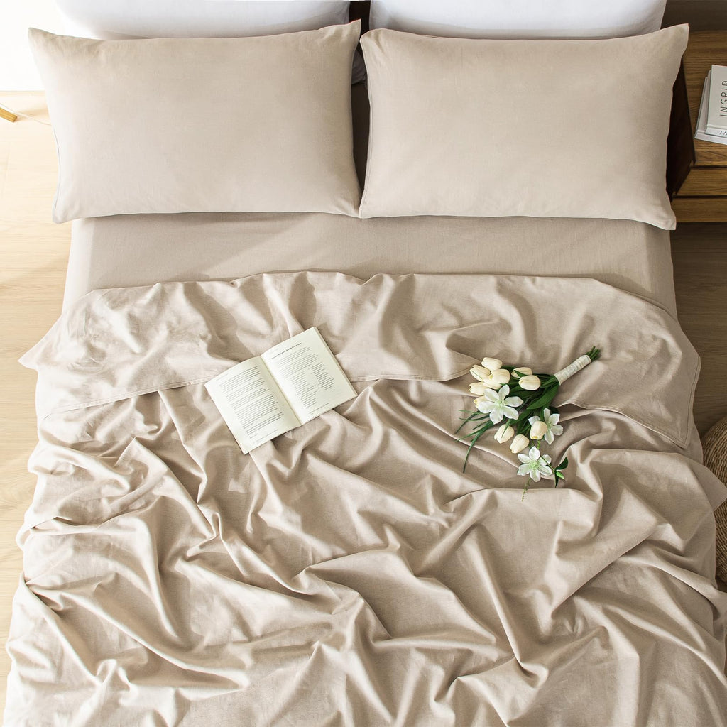 100% Linen Sheets 4 Piece - Washed Natural Flax Bedding Set, Ultra Breathable Soft Durable Flat Sheet