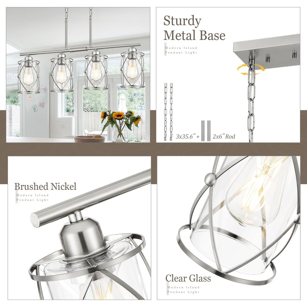Kitchen Island Lighting, Modern Brushed Nickel Dining Room Light Fixtures with Clear Glass, Farmhouse