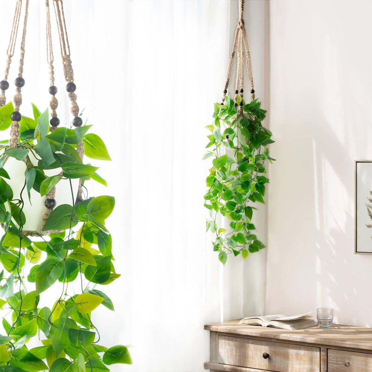 Fake Hanging Plant, Macrame Hanger with Pothos Vines & Pot, Brown