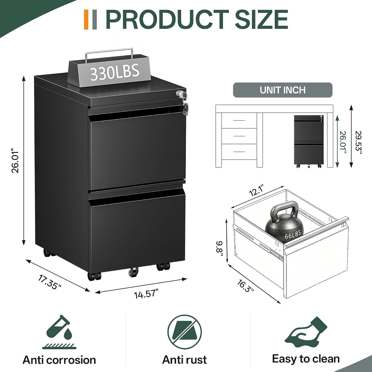 2 Drawer Mobile File Cabinet with Lock, Fully Assembled | Under Desk Metal Filing Cabinet Organization, Fits