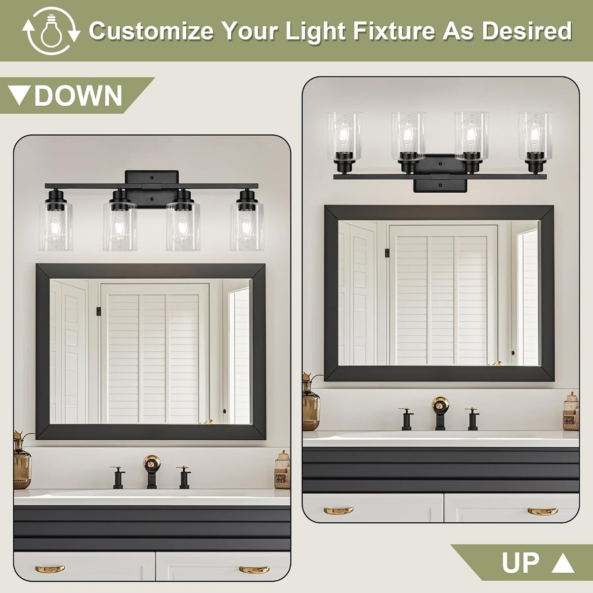 Modern Bathroom Light Fixtures, 4 Light Vanity Lights Over Mirror, Black Wall Lamp with Clear Glass Cabinet Bedroom