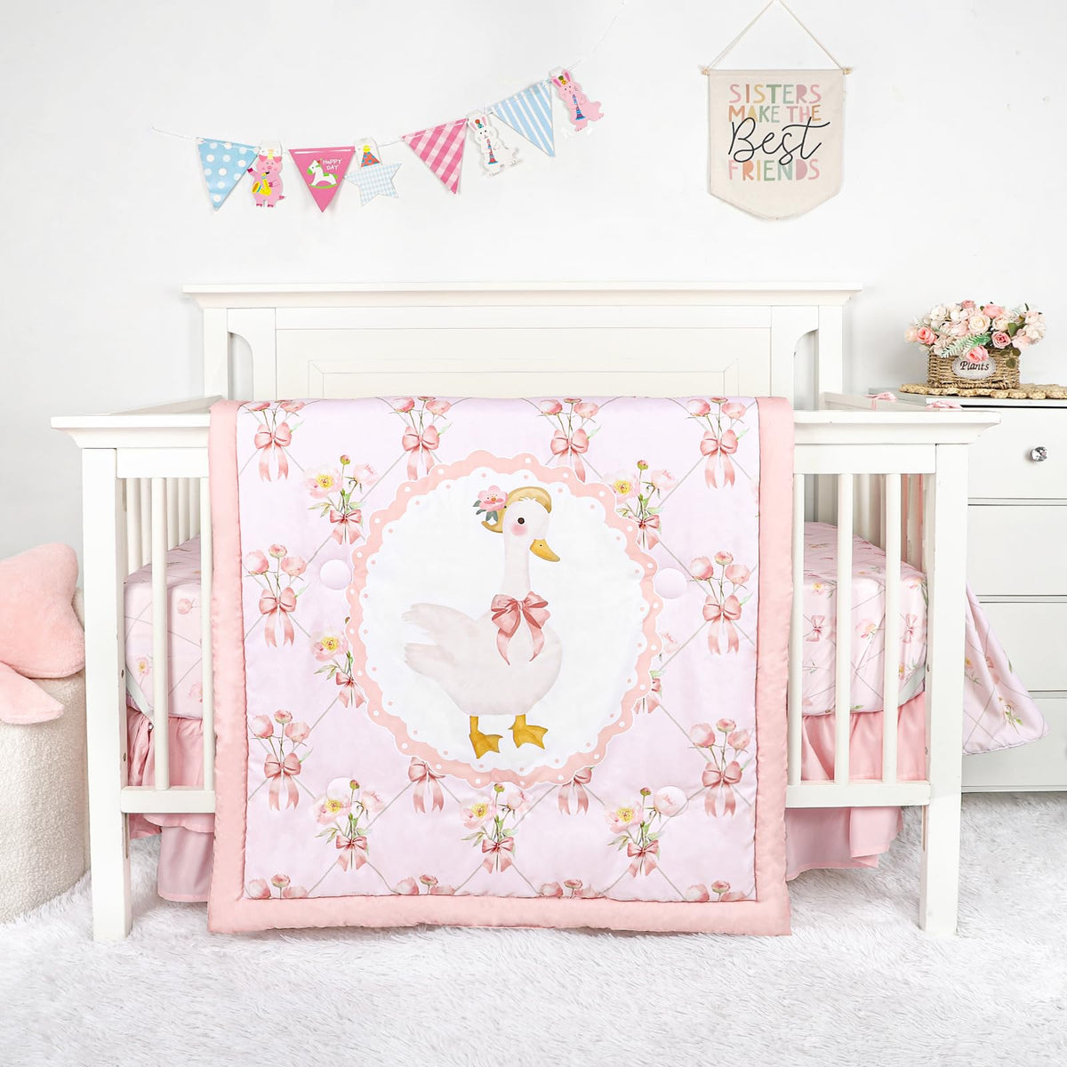 4-Piece Crib Bedding Set for Girls, Baby Nursery Bedding Sets Pink Includes Comforter, Fitted Crib Sheet, Crib Skirt