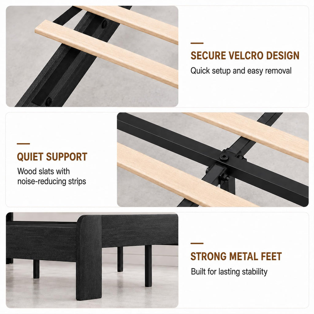 Black Farmhouse Wooden Bed Frame with 44.1" Headboard