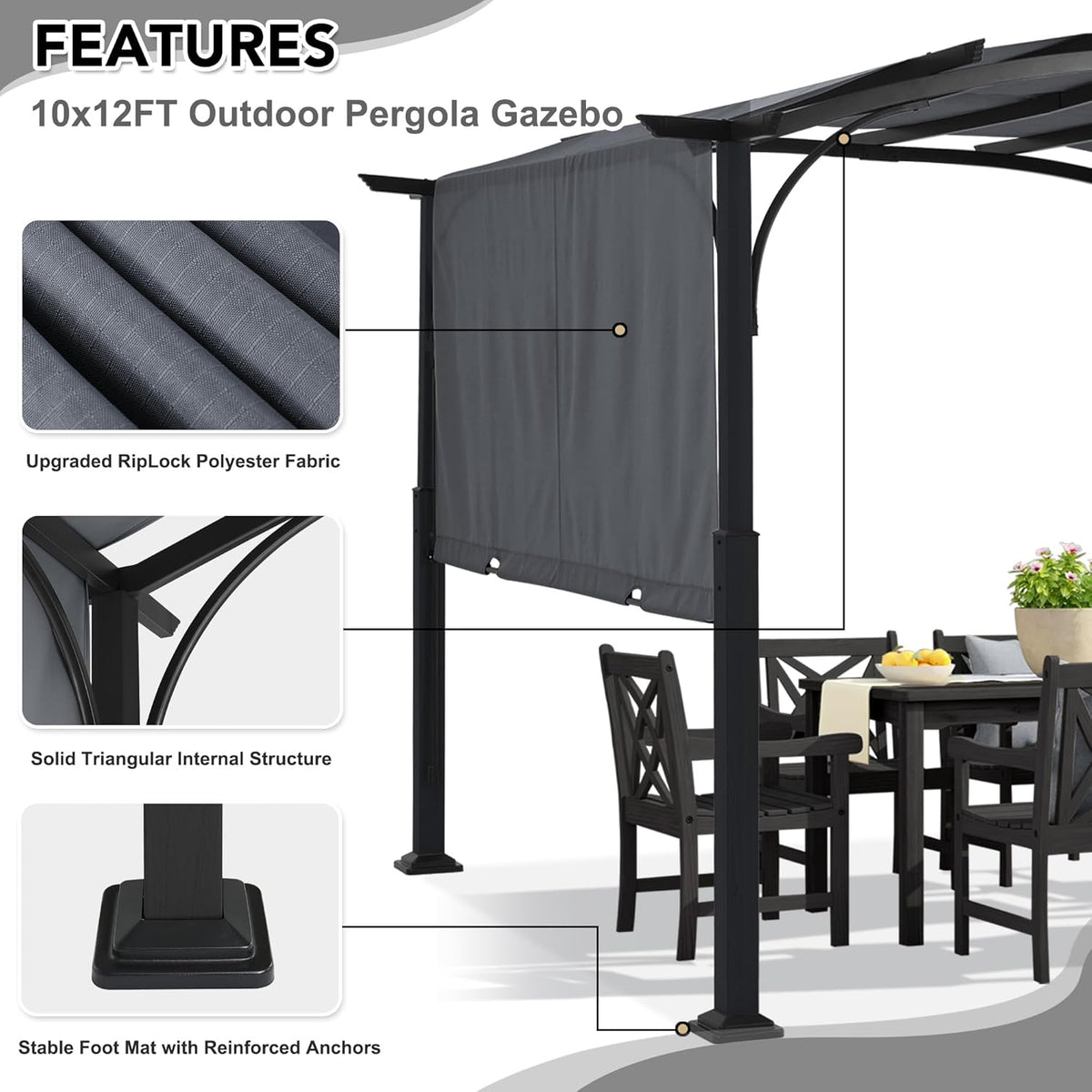 10x12ft Outdoor Retractable Pergola with Sun Shade Canopy Patio Metal Garden Pergola,Dark Grey