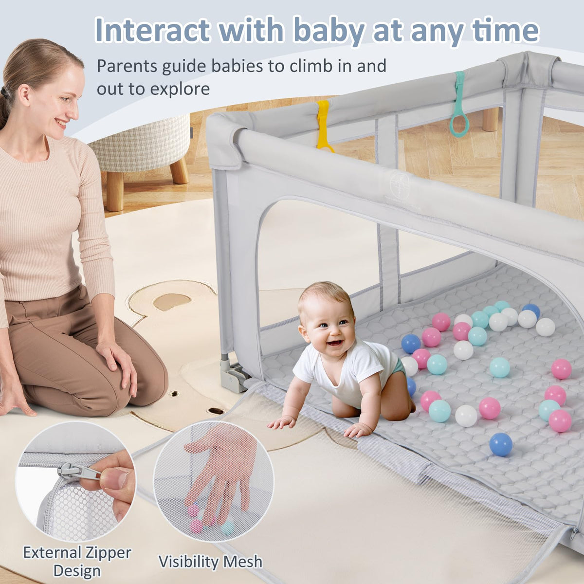 Foldable Baby Playpen with Mat, 50" x 50" Large Baby Play Yard for Infant with 50 Ocean Balls, 4 Handlers, Carry Bag