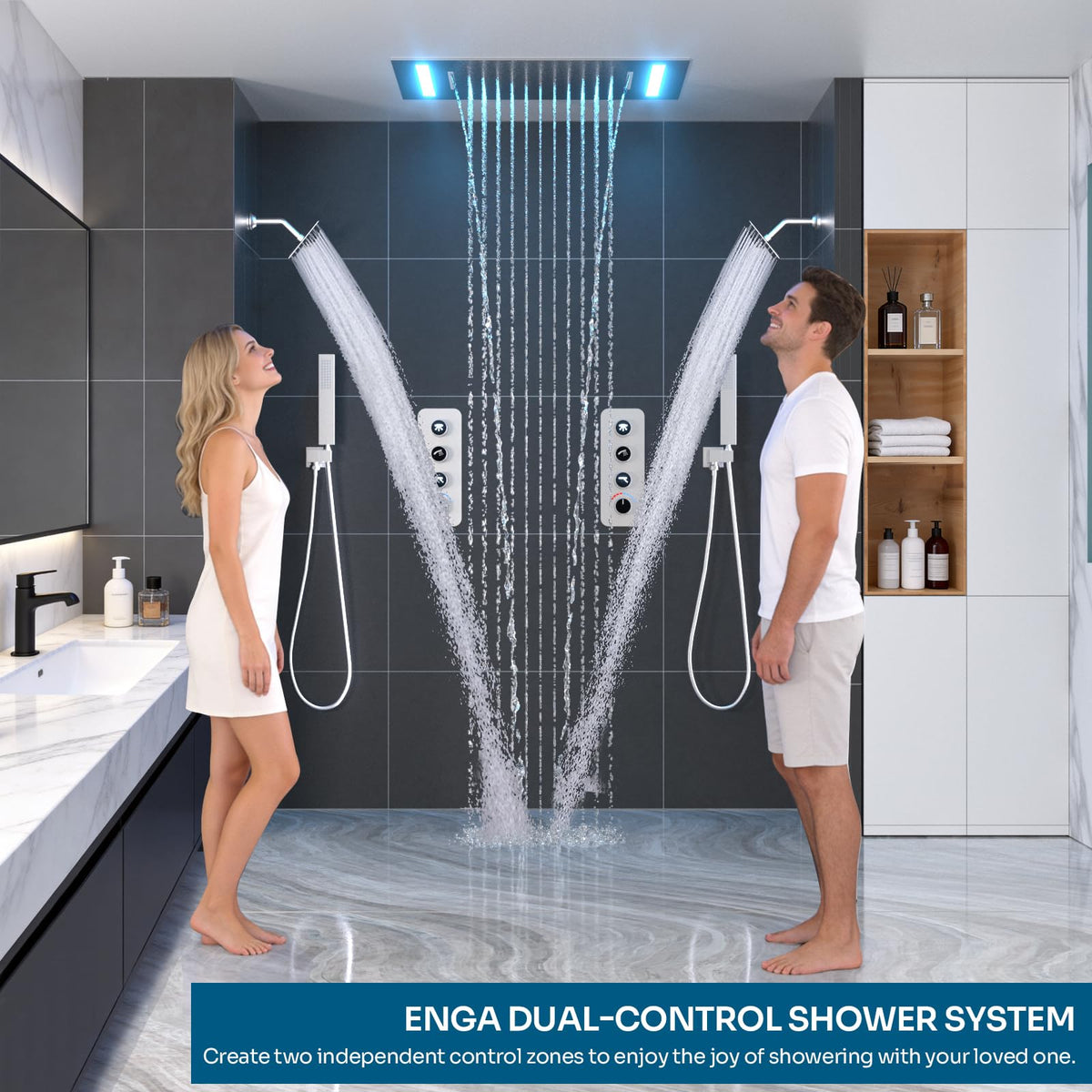 Shower Faucet Set with Glowing Icon Valve, 2 In 1 Functions Ceiling Mount 14x20inch LED Shower Head with 6 Inch