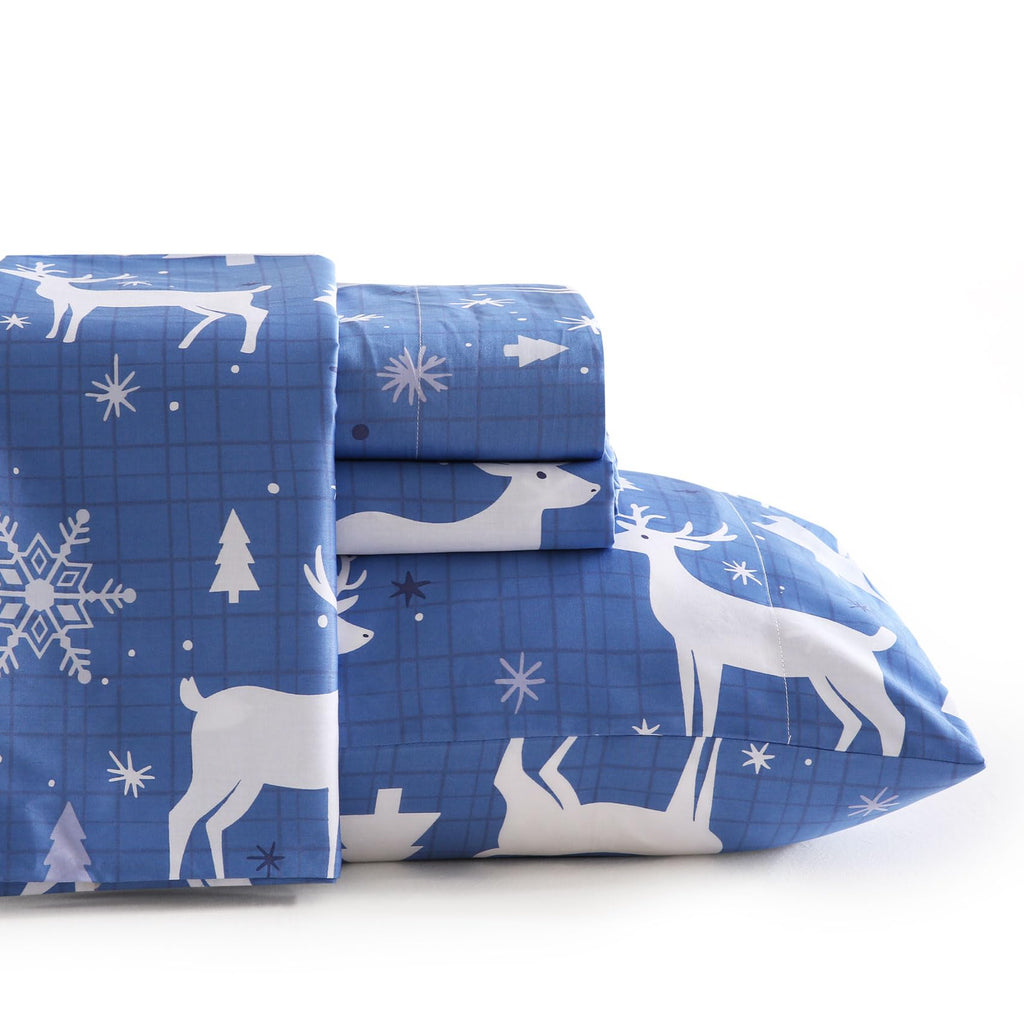Blue Buffalo Plaid Deer Printed Cotton Sheet Set Deep Pocket