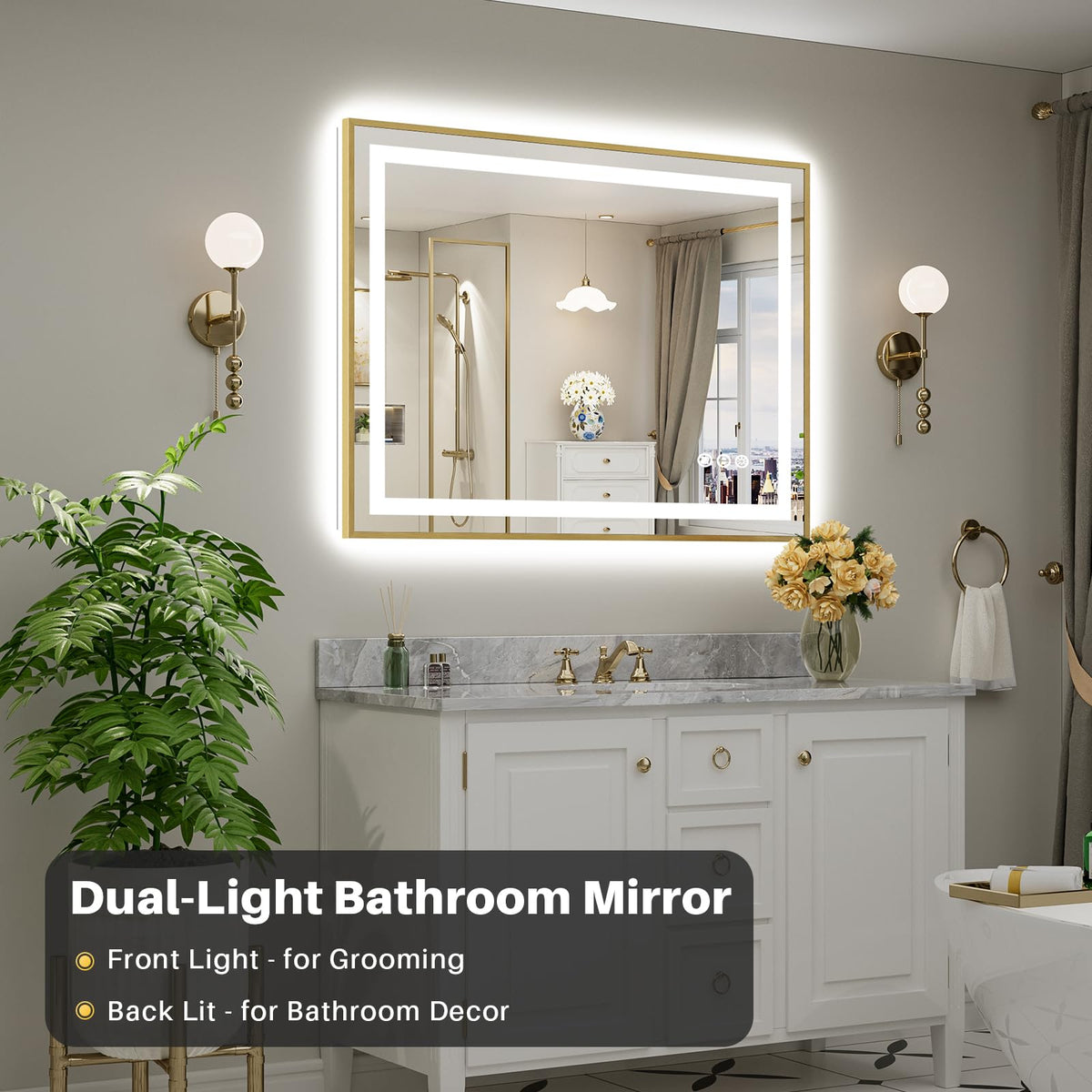48x36 Inch LED Bathroom Mirror with Gold Frame, Backlit & Front Lit