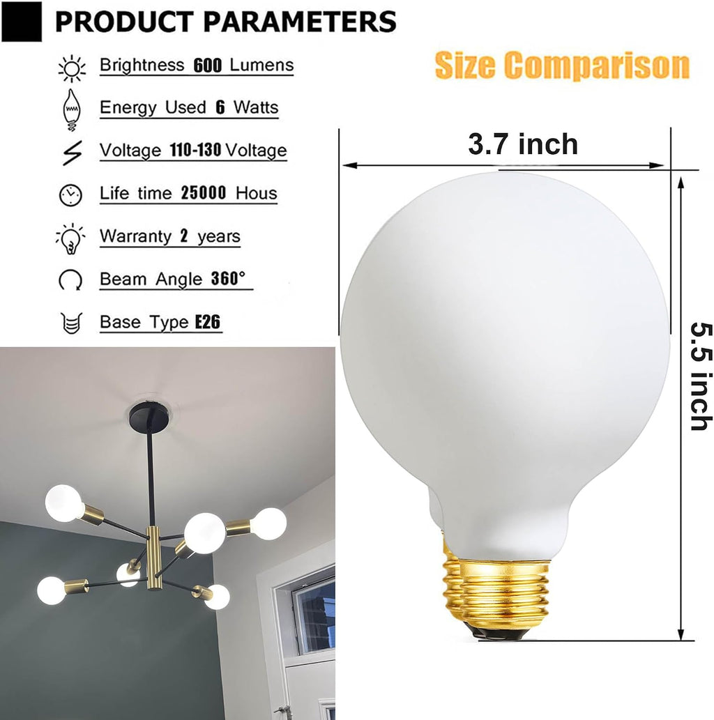 LED Light Bulb G30/G95 Dimmable Flick-Free Matt White 6W Daylight White 4000k CRI95 600LM, 60W Equivalent Vintage LED