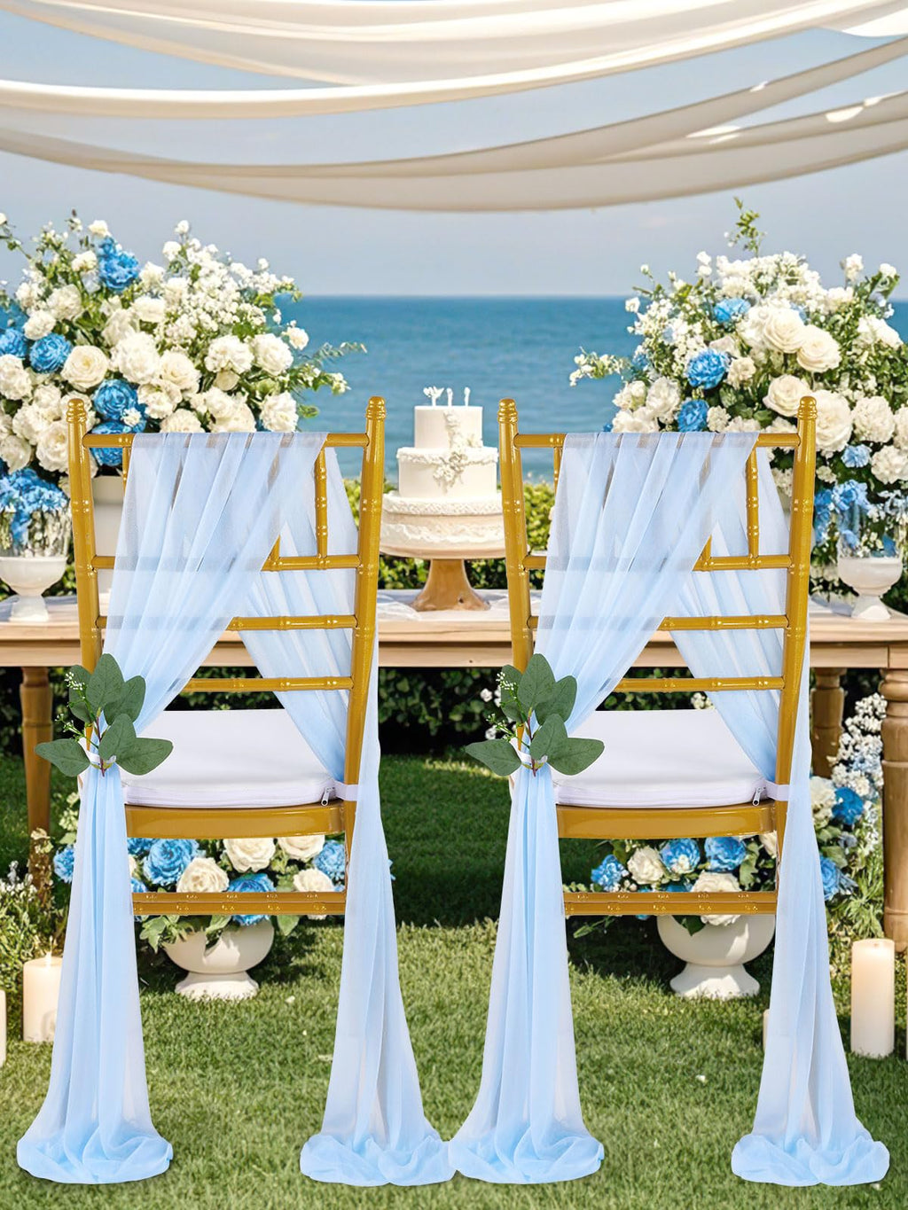 Light Blue Sashes Chair Aisle Decorations: 24 Pack Baby Shower Chair Cover 8FT Long Tulle Draping Fabric Wedding
