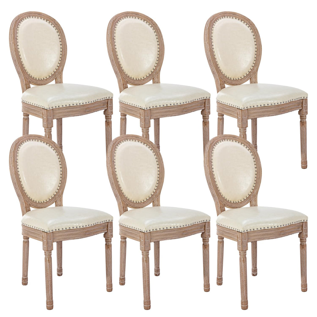 French Country Dining Chairs Set of 6, Leather Dining Chairs with Curved Backrest, Vintage French Accent Chairs