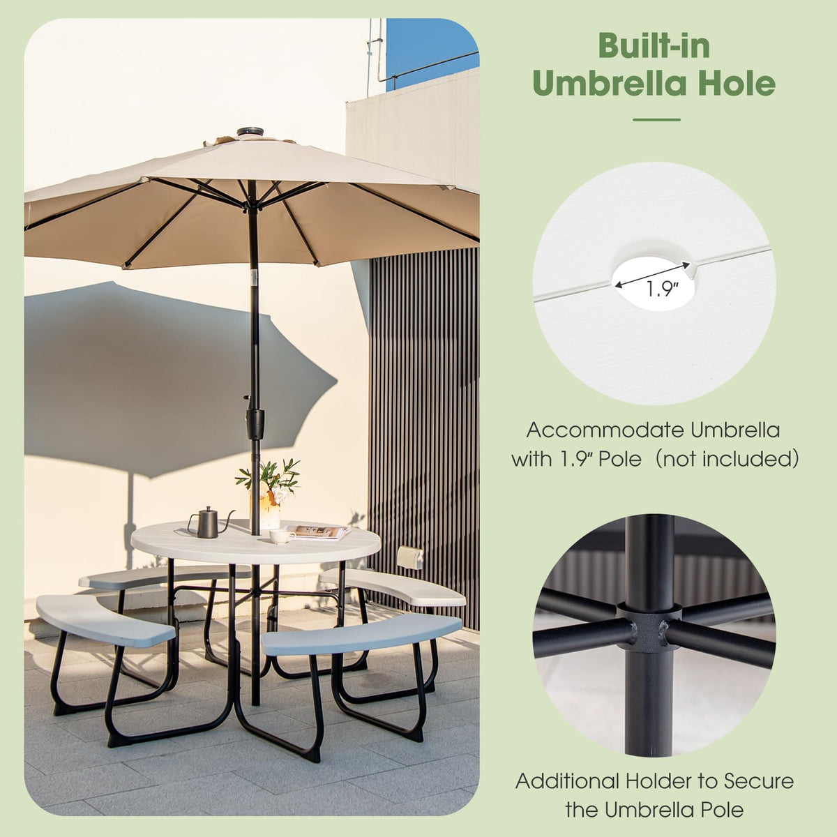 Picnic Table Set for Up to 8 Persons, Round Outdoor Table and Bench Set with Umbrella Hole, HDPE Top & Metal Frame