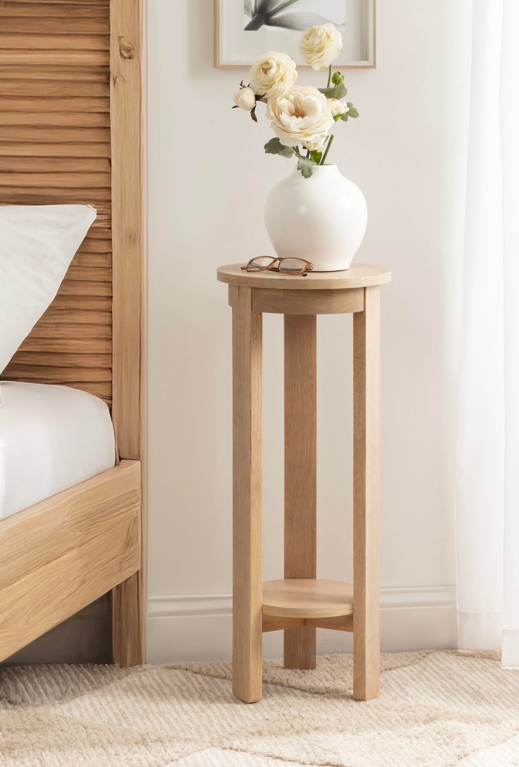 Inspired Saarinen Style Foxford Modern Tiered Round Drink Table, 12 x 12 x 30, Light Natural, Transitional Two-Tier Circle Plant Stand for
