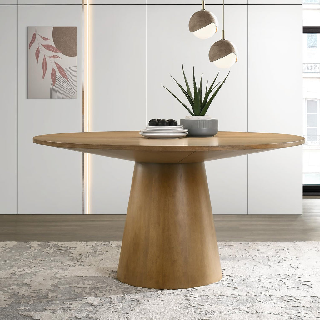 59'' Round Dining Table Wood Kitchen Table for 4, Modern Contemporary Farmhouse Style Solid Wooden Dining Table