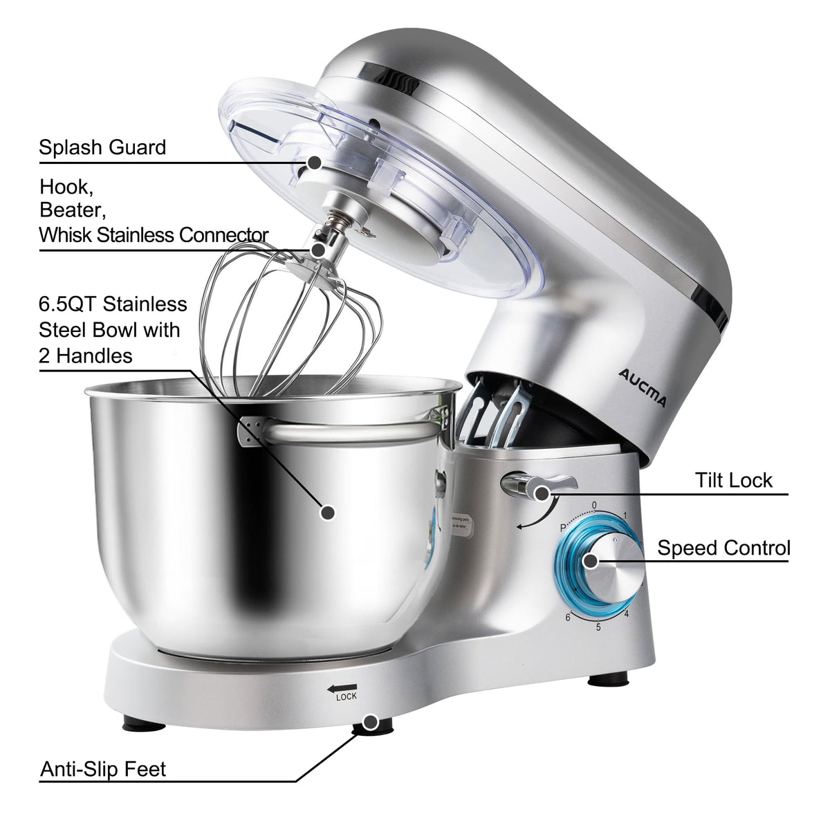 Stand Mixer,6.5-QT 660W 6-Speed Tilt-Head Food Mixer, Kitchen Electric Mixer with Dough Hook, Wire Whip & Beater