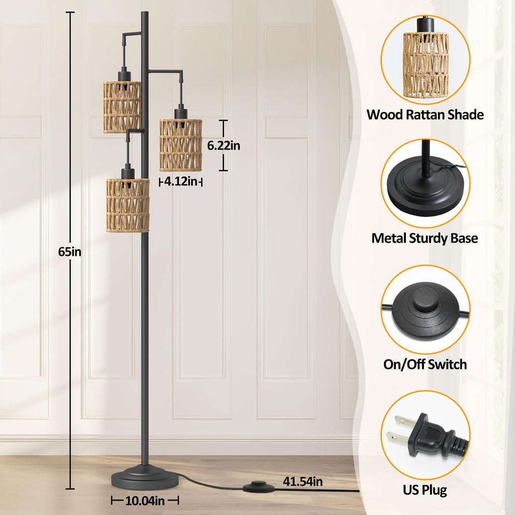 3 Lights Rattan Floor Lamps with ON/Off Foot Switch Tree Standing Lamp with Wood Rattan Lampshades Boho Floor Lamp