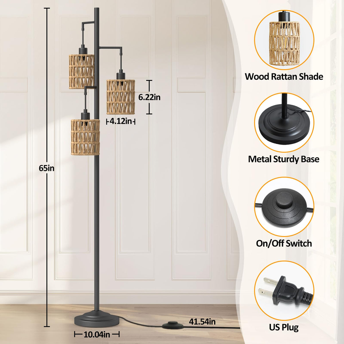 3 Lights Rattan Floor Lamps with ON/Off Foot Switch Tree Standing Lamp with Wood Rattan Lampshades Boho Floor Lamp