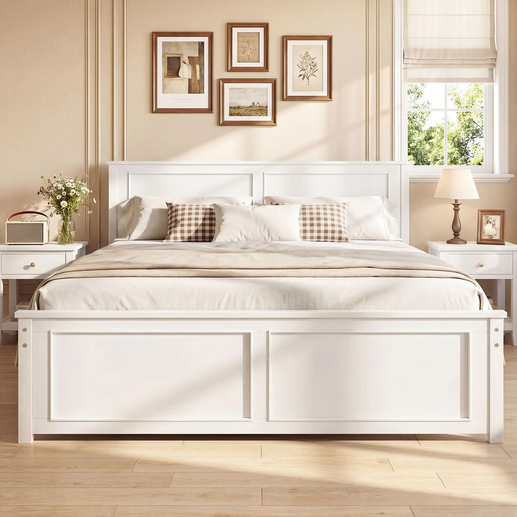 Wood Bed Frame with Headboard, Farmhouse Solid Platform Bed w/Wooden Slat Support Mattress Foundation