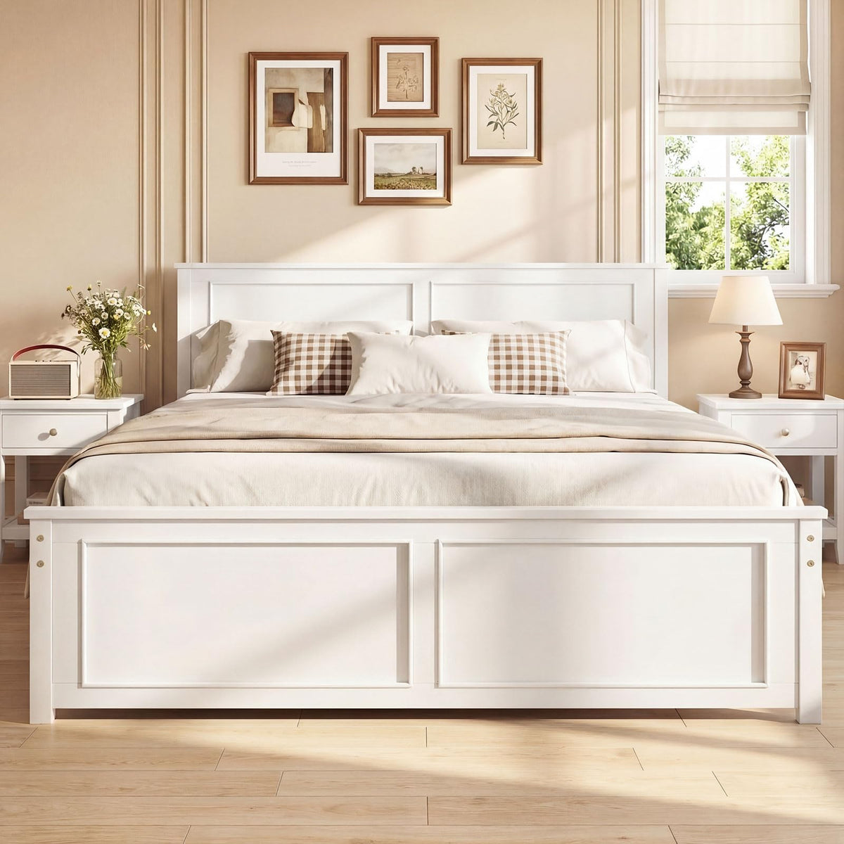Wood Bed Frame with Headboard, Farmhouse Solid Platform Bed w/Wooden Slat Support Mattress Foundation