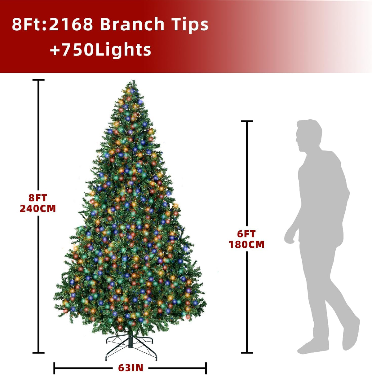 Prelit Christmas Artificial Tree with Led Lights, Lighted Xmas Tree