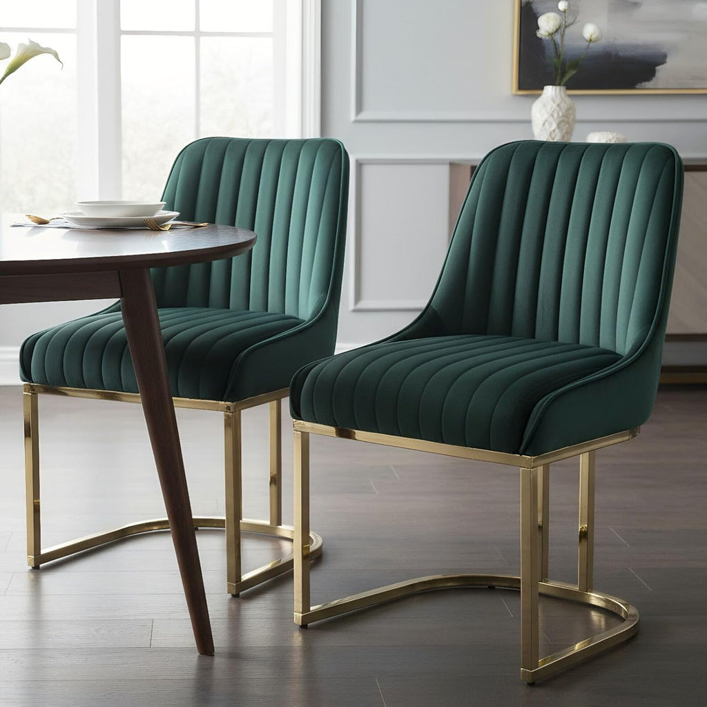 Velvet Dining Chairs Set of 2 Green Upholstered Dining Room Chairs with Gold Legs Modern Armless Kitchen Chairs with Back