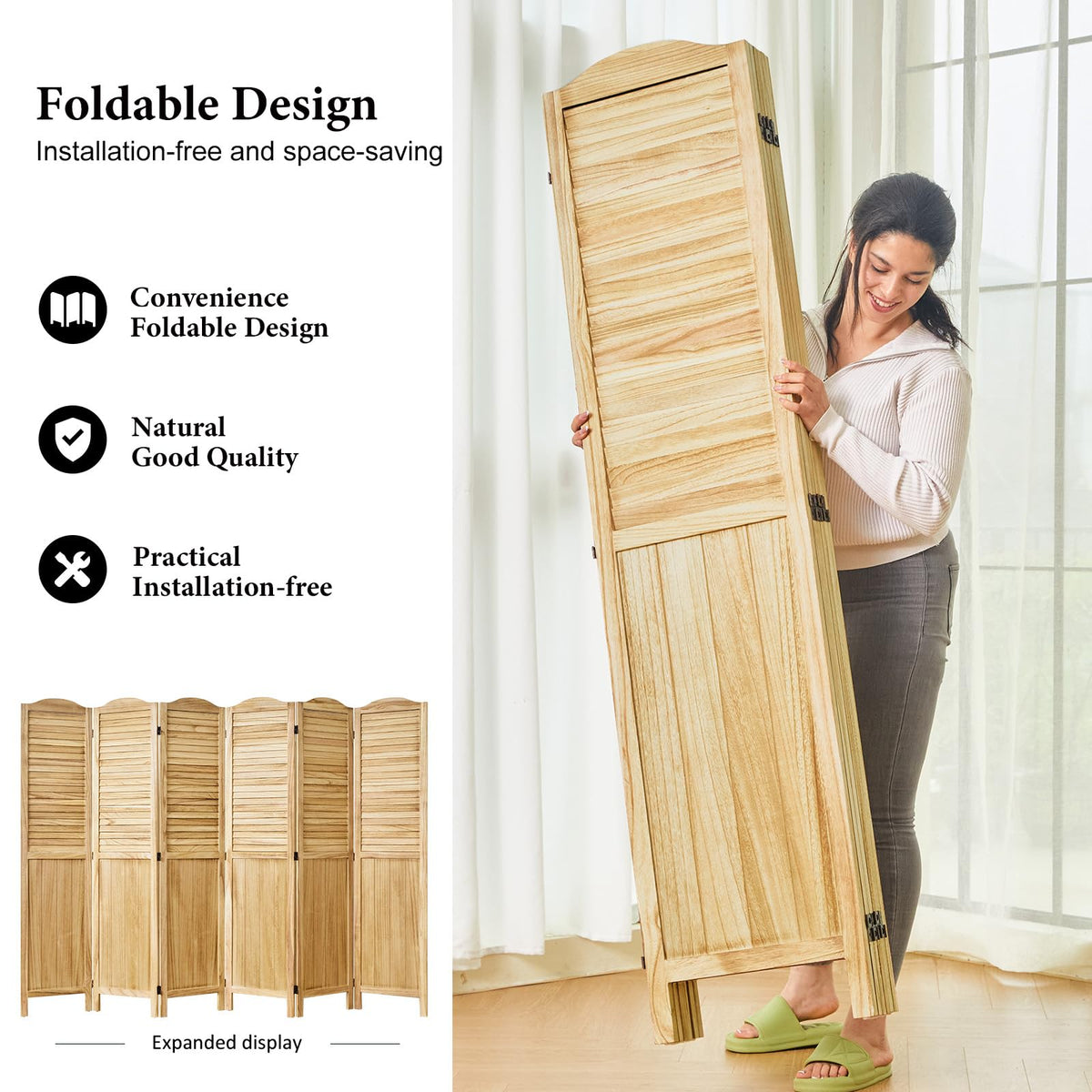 Room Dividers, 5.75Ft Individual Privacy Screens Foldable Wooden Louver & MDF Stable Wall Divider Bedroom, 6 Panels
