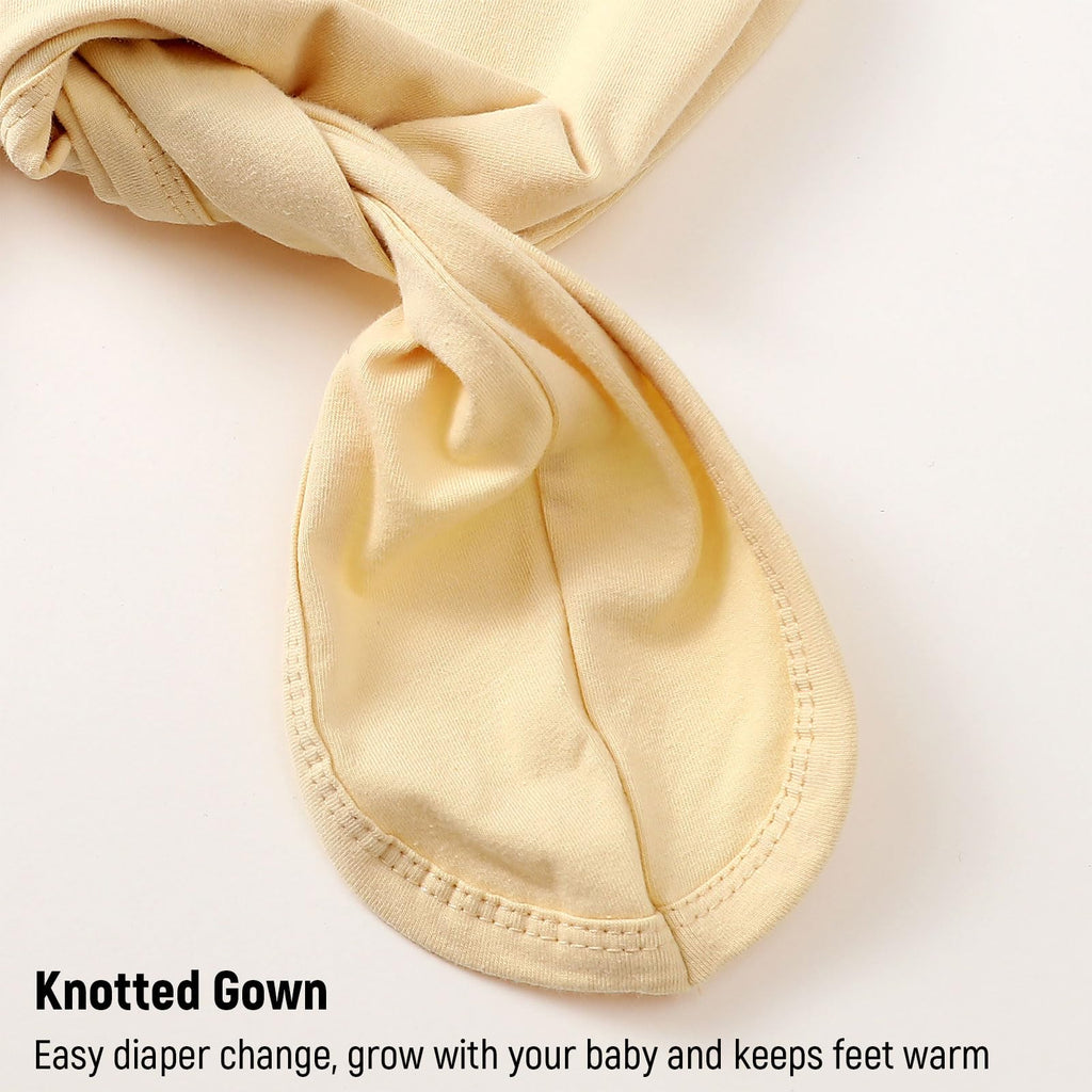 Knotted Gown Baby Girl Newborn Sleepers with Mitten Cuffs and Matching Hat - Long Sleeve Bodysuit