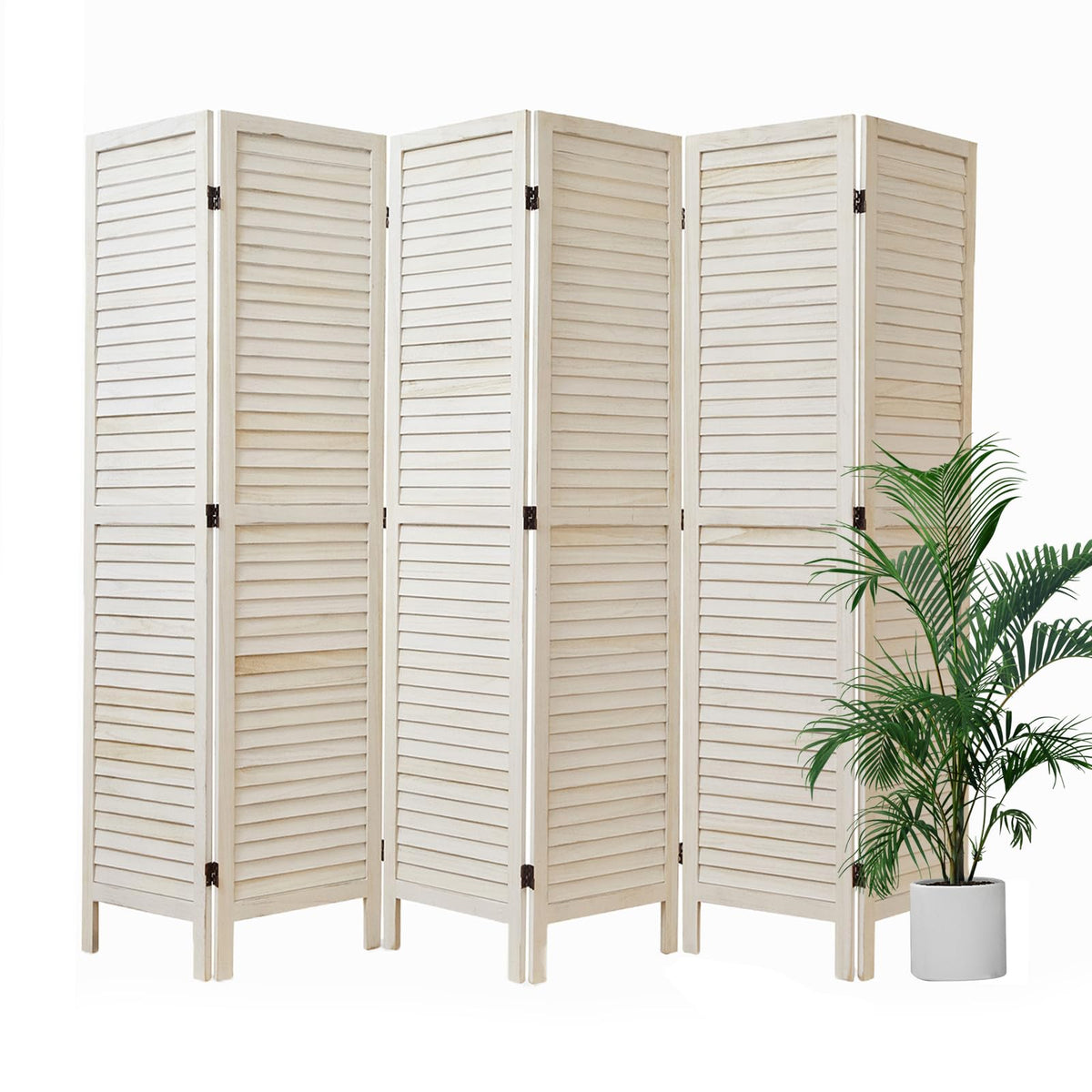 White Room Divider, Temporary wall with Double Hinges, 5.6 Ft Tall Folding Louver Wood Screen Bedroom Hotel