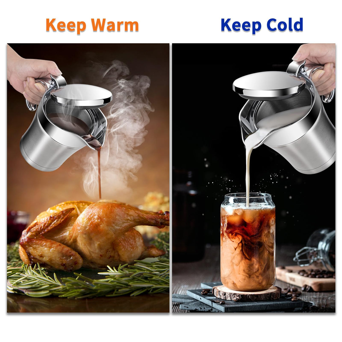 Gravy Boat Double Insulated Stainless Steel Sauce Jug with Hinged Lid for Thanksgiving Dinner - 17 oz