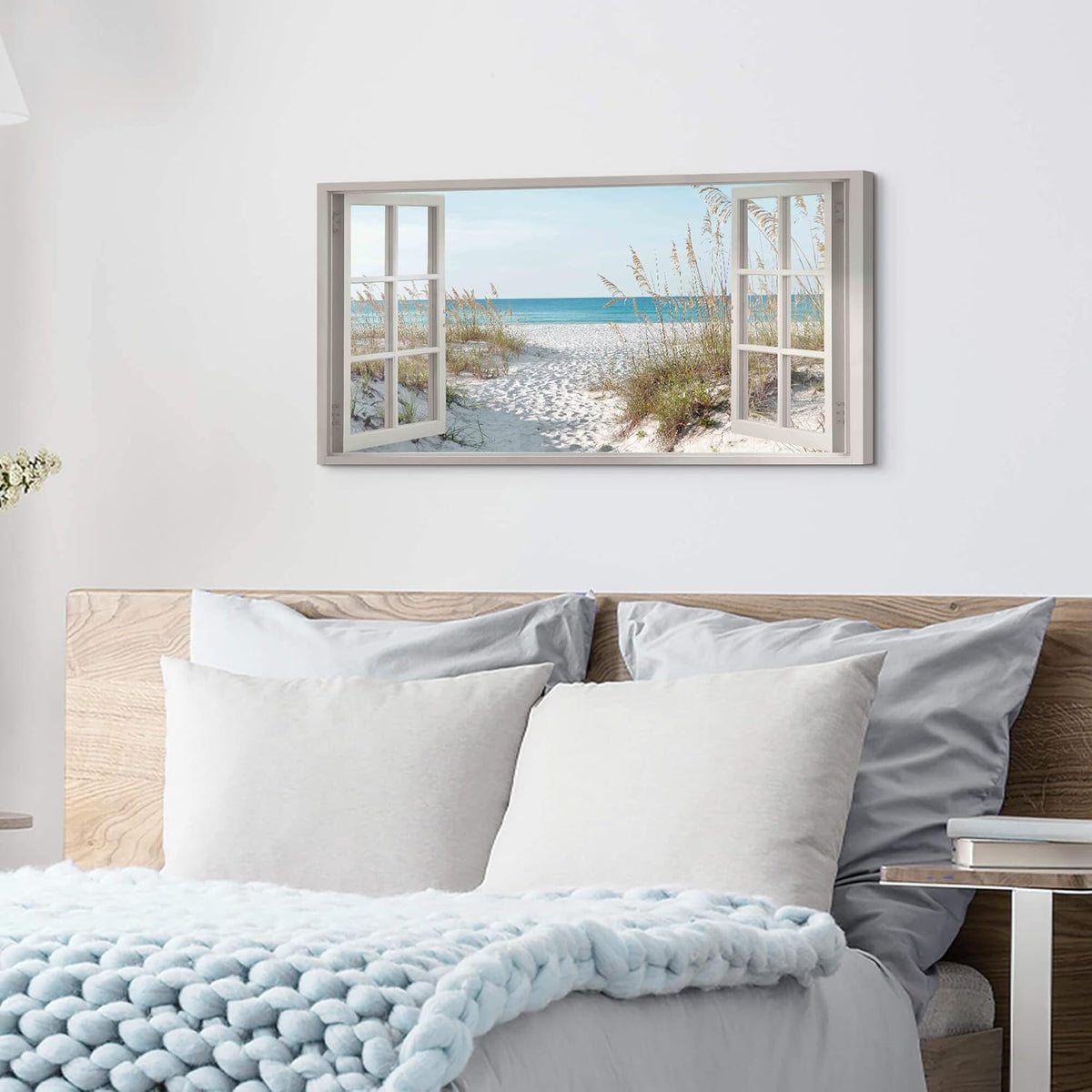 Window Beach Wall Art Prints: Modern Large Tropical Coastal Landscape Canvas Bedroom Blue Ocean Picture Relaxing