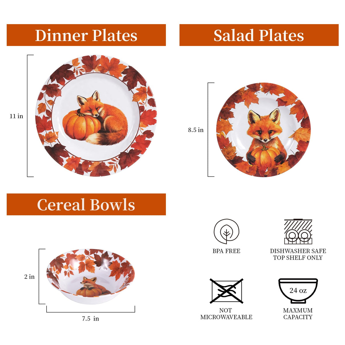 Melamine Dinnerware Set 12Pcs,Melamine Plates and Bowls Fall Fox