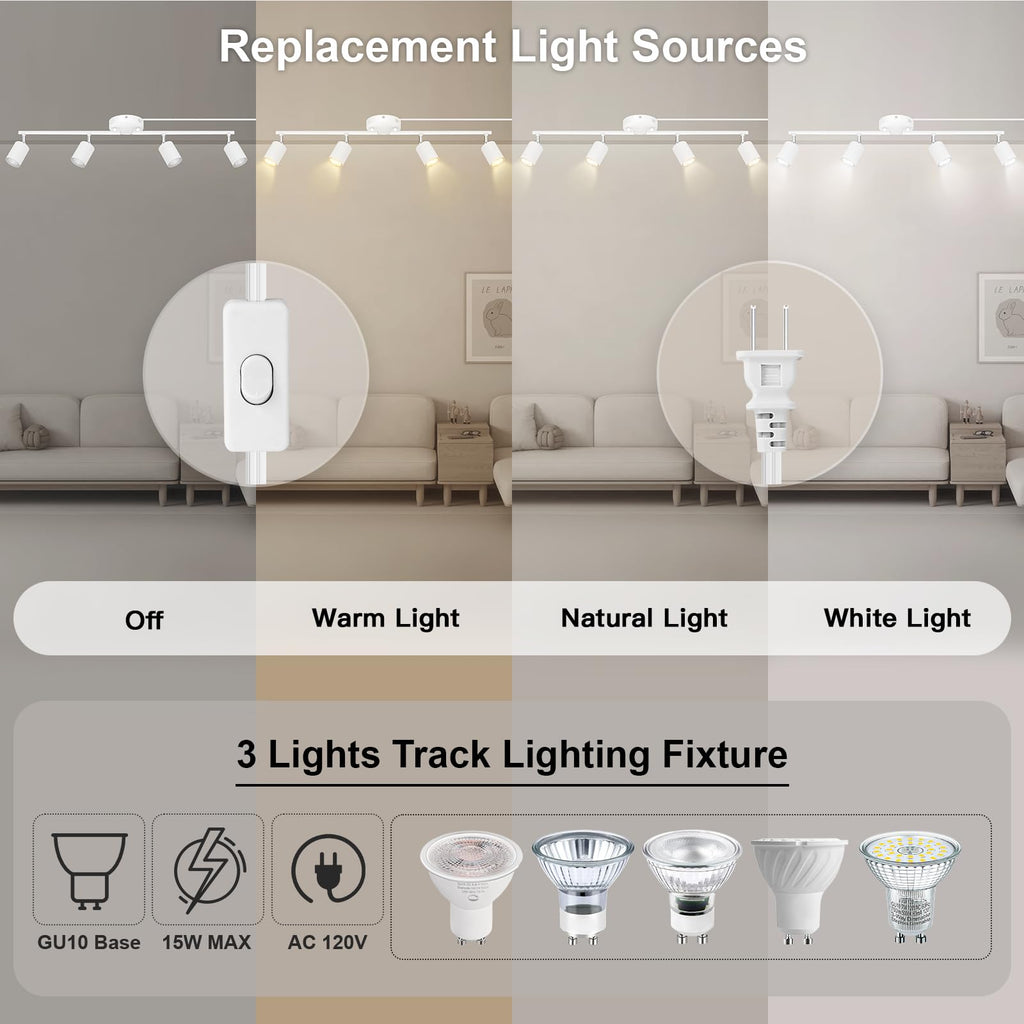 Plug in Track Lighting LED, Track Lighting Fixtures Ceiling, White 4-Light Kitchen Light Kit, Plug in Wall Light