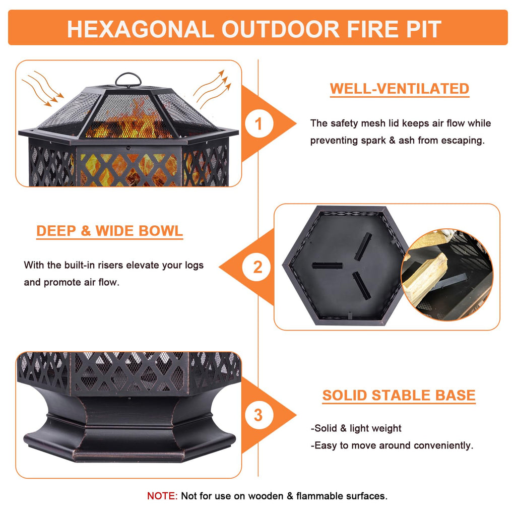 28Inch Outdoor Fire Pit, Hexagon Shaped