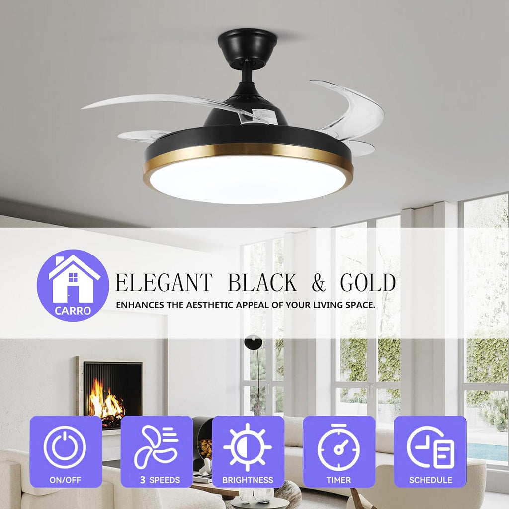 Retractable Ceiling Fan with Lights & Bluetooth, 42" Black and Gold