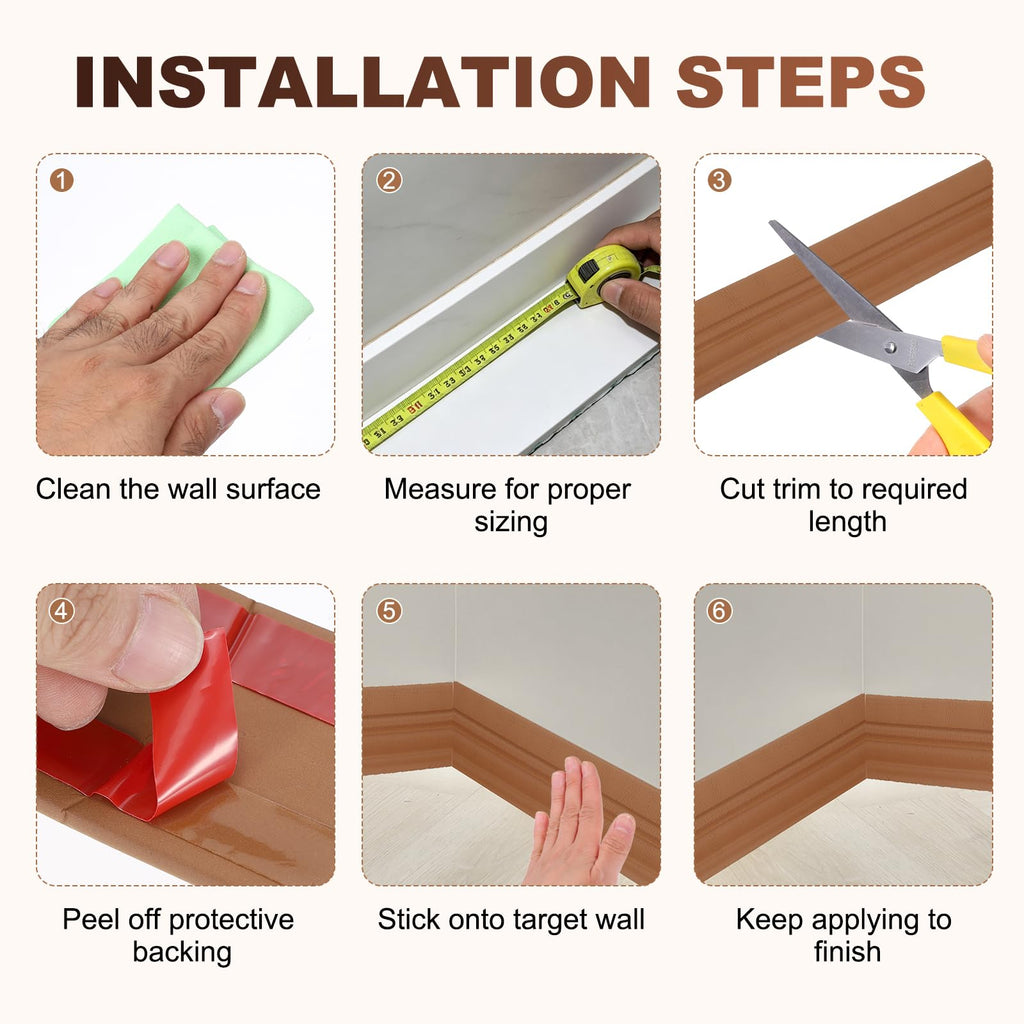 Flexible Baseboard Molding Trim Brown 3.15"(W) x33ft(L) NBR | Peel and Stick Rubber Wall Base Molding