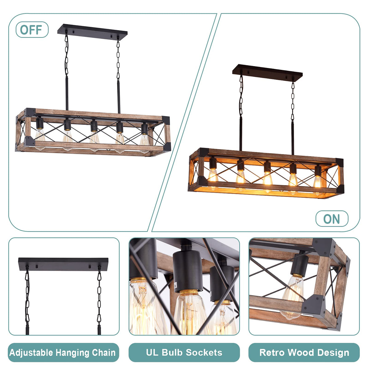 Kitchen Island Lighting, 33.5-Inch 5 Lights Farmhouse Linear Chandelier Pool Table Pendant Light Fixture, Rustic Wood