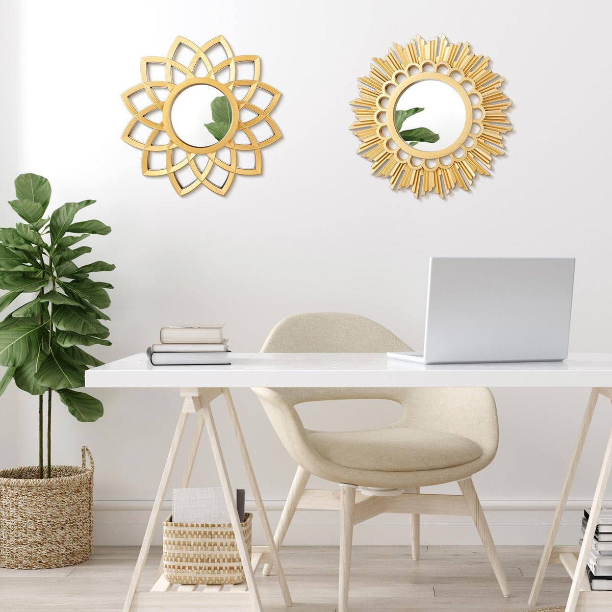 4 Pack Round Mirrors for Wall Sunburst Floral Home Decor, Gold