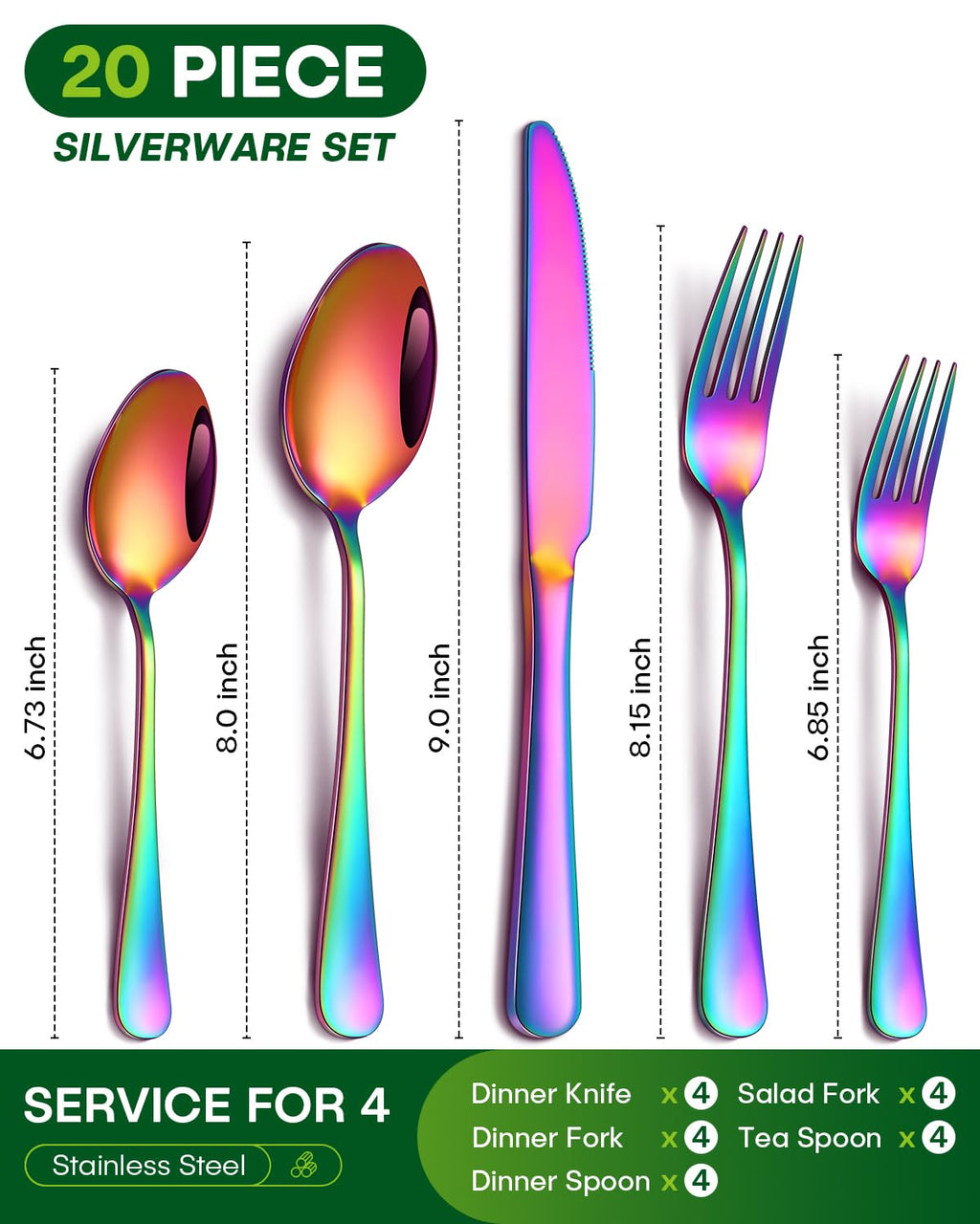 20 Piece Rainbow Silverware Set, Stainless Steel Flatware Set for 4 Colorful Novelty Flatware Cutlery Utensil Set