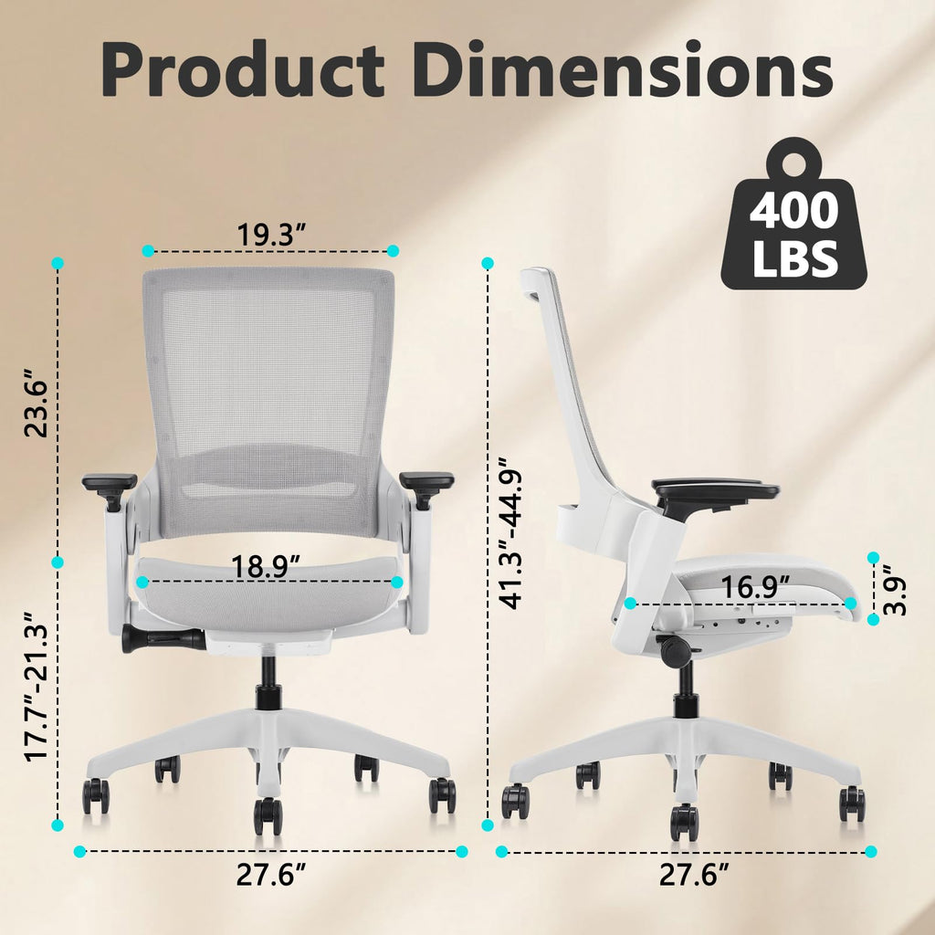 Ergonomic Office Chair — Light Grey Mesh, Flex Back, Adjustable Seat Depth