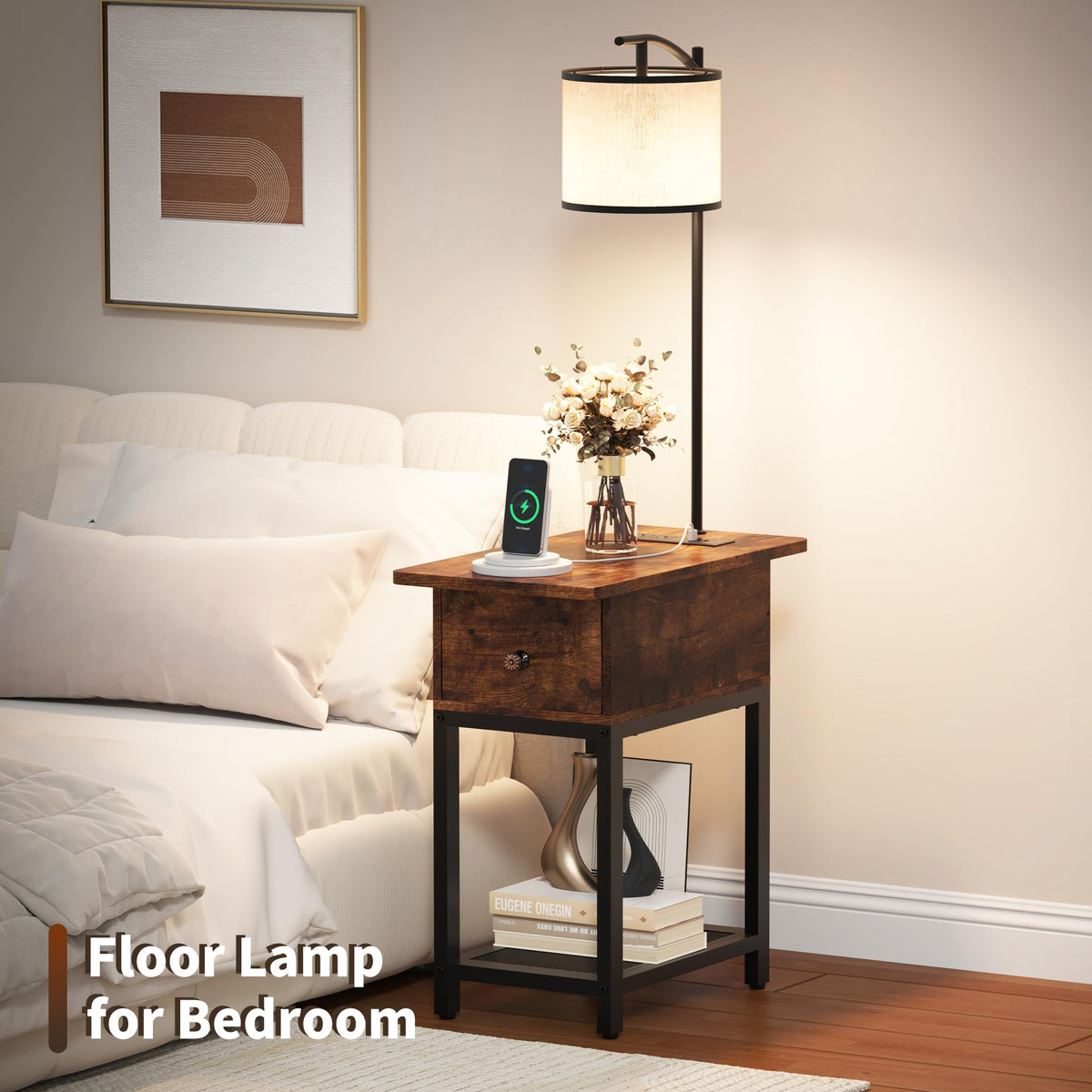 Floor Lamp with Table, Narrow Side Table with Charging Station