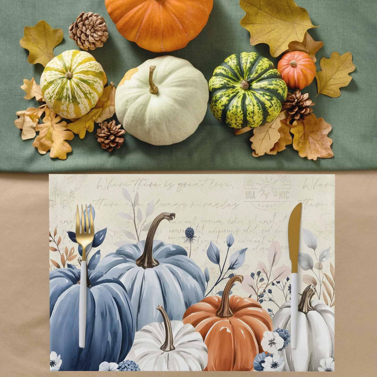 Fall Placemats Set of 4 Blue Pumpkin Place Mats Floral Leaves Autumn Placemat Washable Harvest Thanksgiving Table