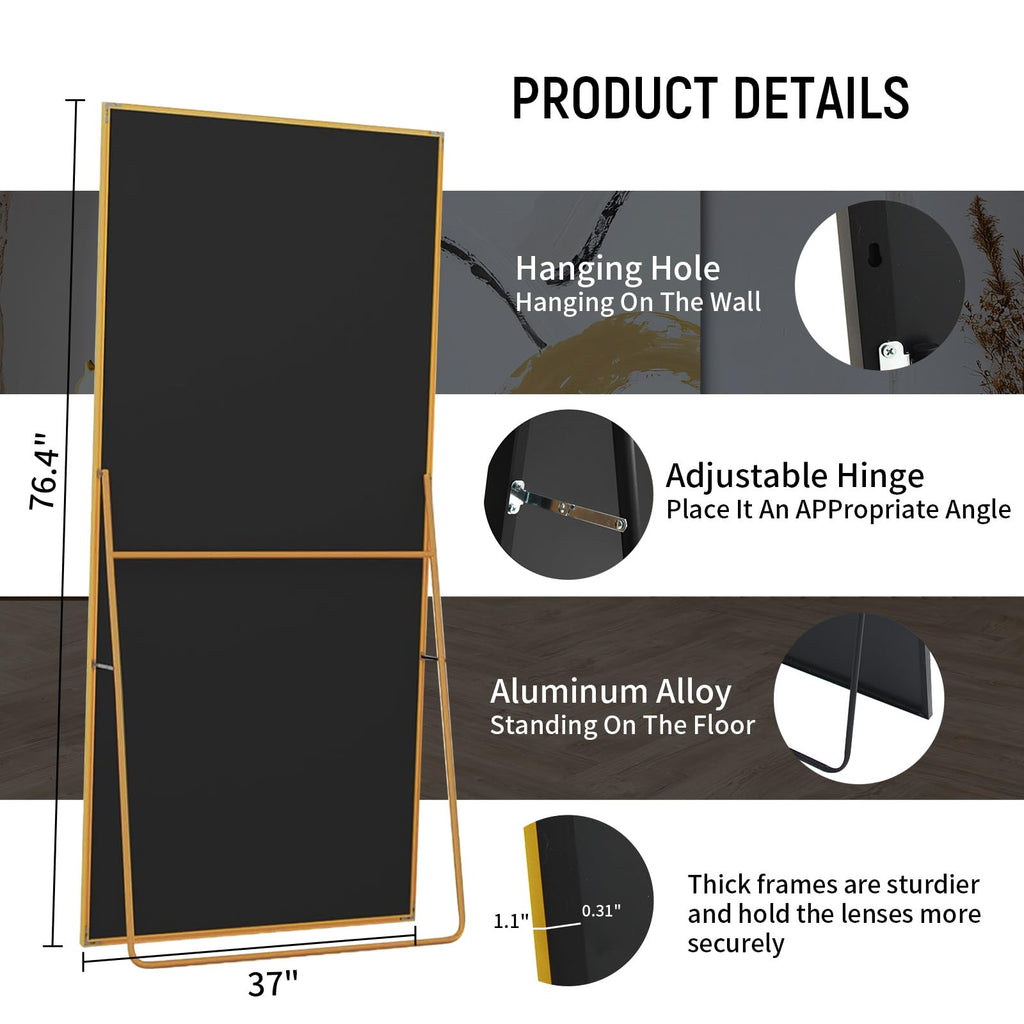 76" x 37" Full Length Mirror with Stand, Gold Large Floor Mirror