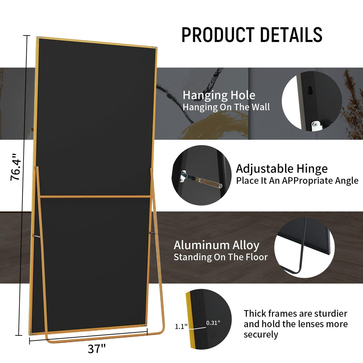 76" x 37" Full Length Mirror with Stand, Gold Large Floor Mirror