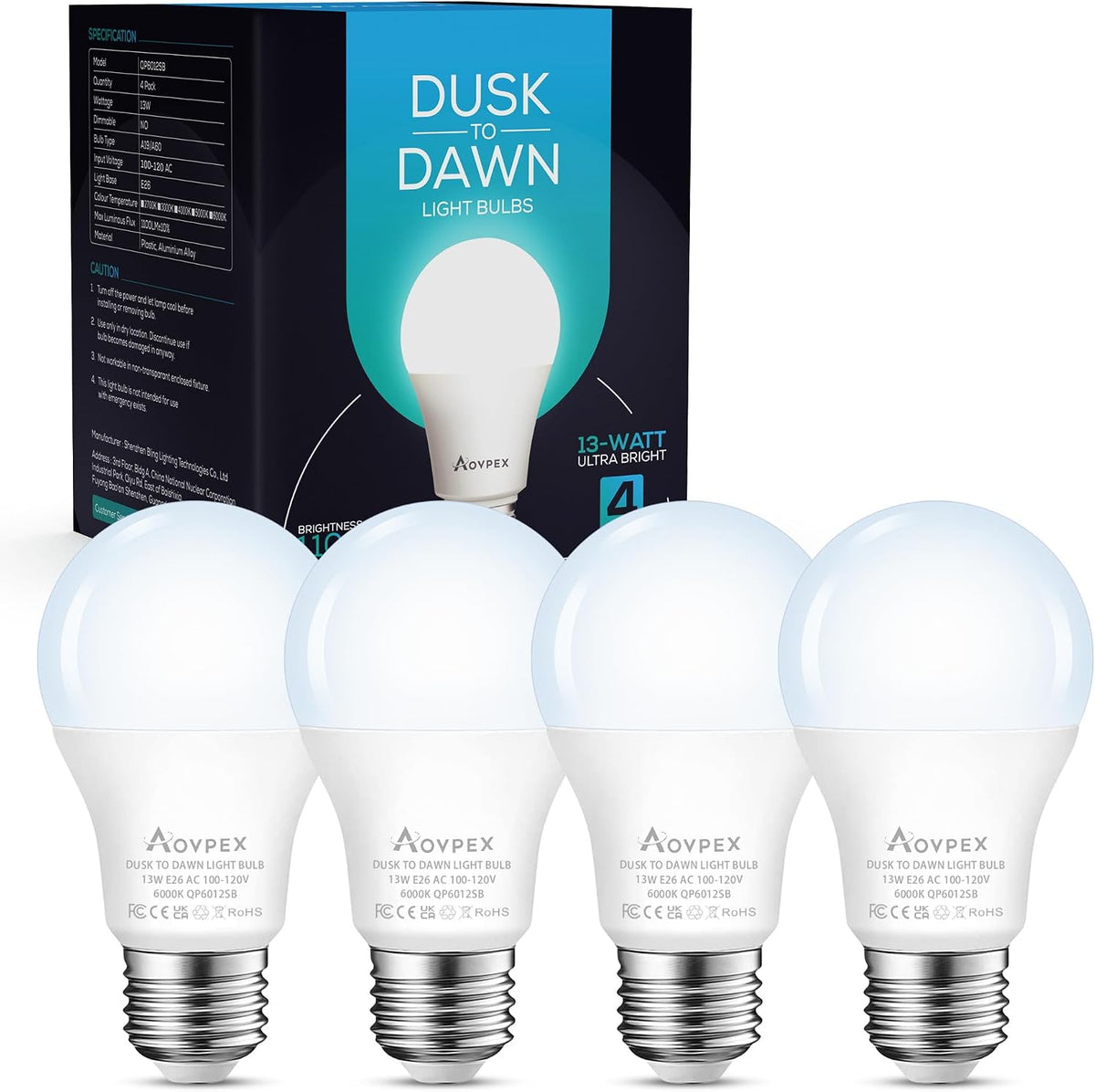 4 Pack Dusk to Dawn Light Bulbs Outdoor 100W Equivalent, Automatic On/Off Sensor LED Light Bulb, 13W Daylight 6000K