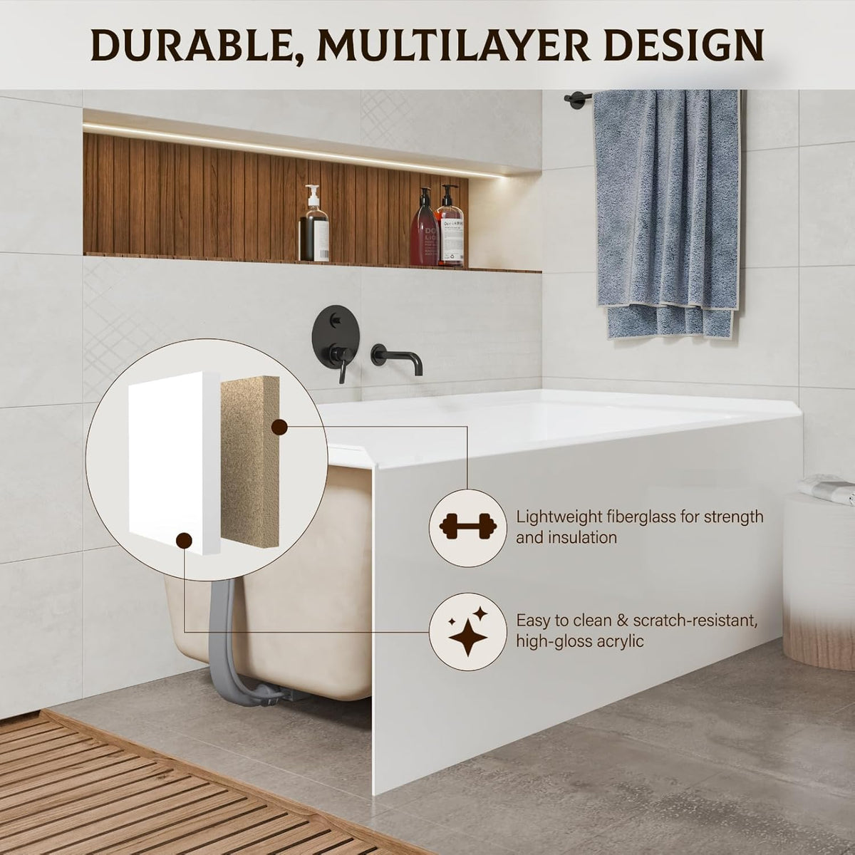 Drop-In Bathtub 60 x 30 inch Acrylic Alcove Tub with Left Hand Drain and Skirted Apron, White Soaking Tub for Bathroom Renovation, Modern Built-In Tub for Comfortable Family Bathing